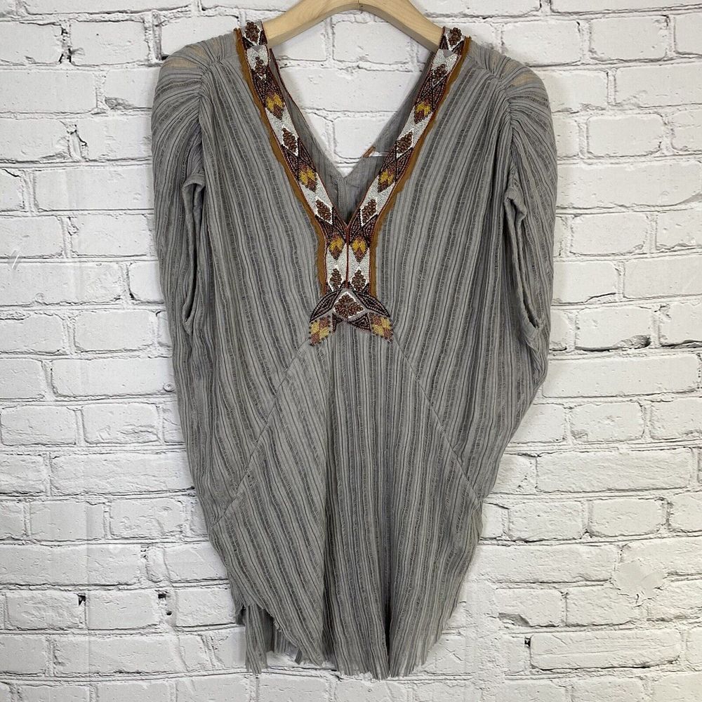 Free People Silver Sheer Sleeveless Shirt Tunic Beaded Collar Size S/P Tribal